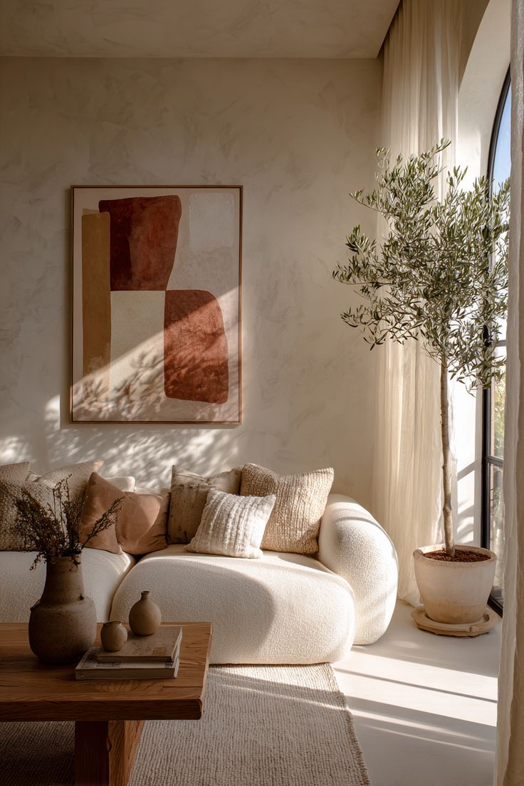 Mobilier d'un salon French Riviera — canapé bas, table basse en bois brut, fauteuils en rotin canné